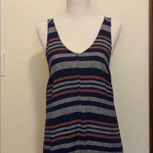 Blue grey and red light denim dress with pockets.